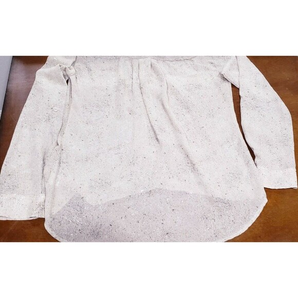 ANA Speckled Tan/Green/Silver Roll-Tab Henley Pleated Shoulder Hi-Low Blouse, M - Picture 6 of 6